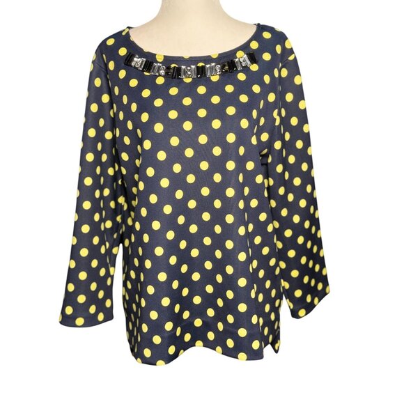 NEW Jaclyn Smith Womens Beaded Polka Dot Top L 3/4 Sleeve Navy/Yellow Stretch - Picture 5 of 10